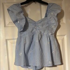 New Wim Light Blue Gingham Blouse with Ruffle Sleeves